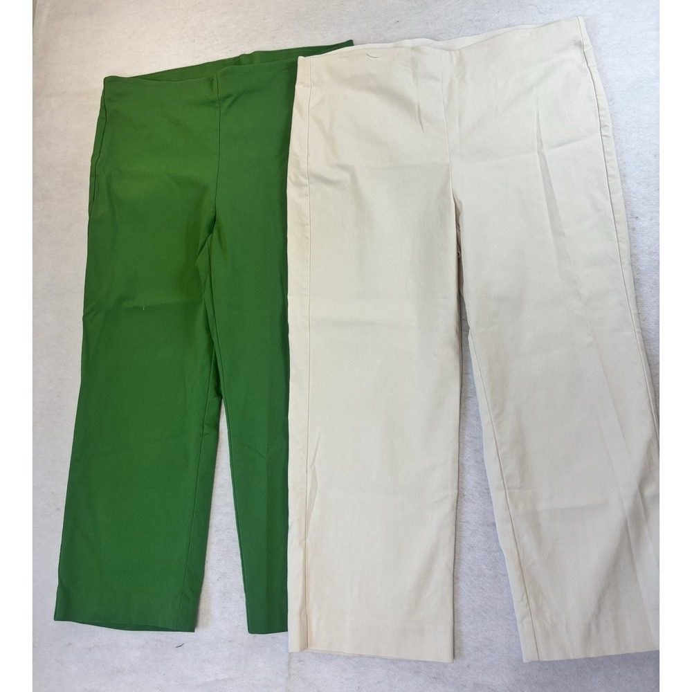 Chicos Capri Pants Womens 12 (2)‎ Green & Cream Twill Pull On Elastic Waist Crop